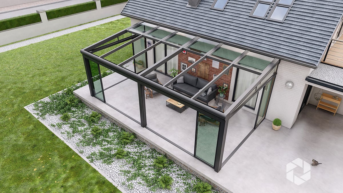 An aerial view of a sunroom house