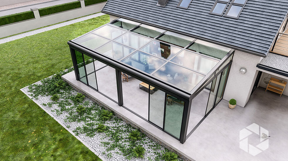 Grande -Stationary Glass Roof with Sliding Glass Doors