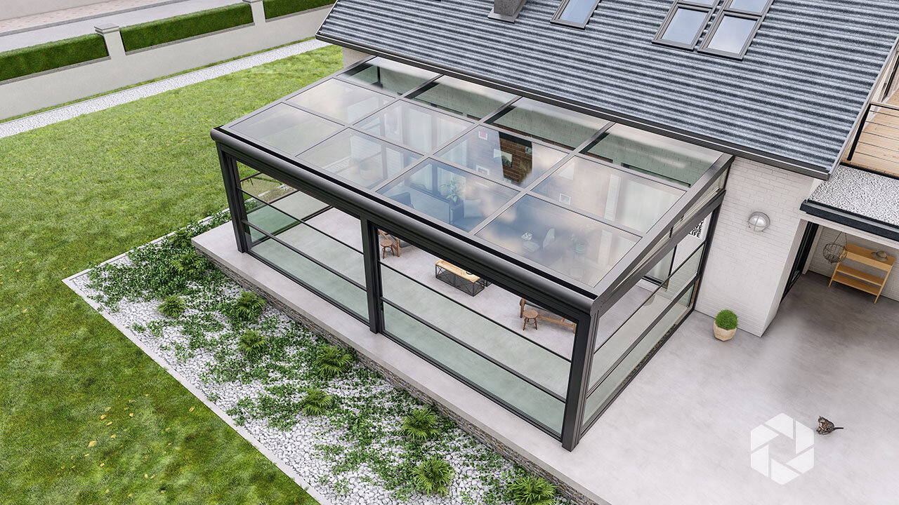 Grande - Stationary Glass Roof with Guillotine Vertically Sliding Glass Doors/Windows