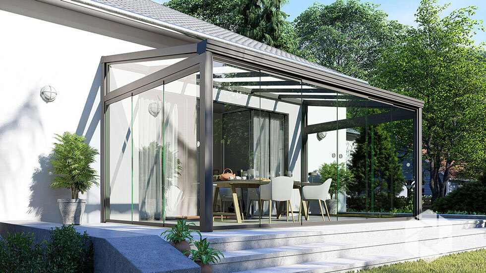 Featured image: Sunroom pergola with glass walls in the backyard of the house - Read full post: Maximizing the Potential of Your Sunroom: Cost-Effective Design Ideas