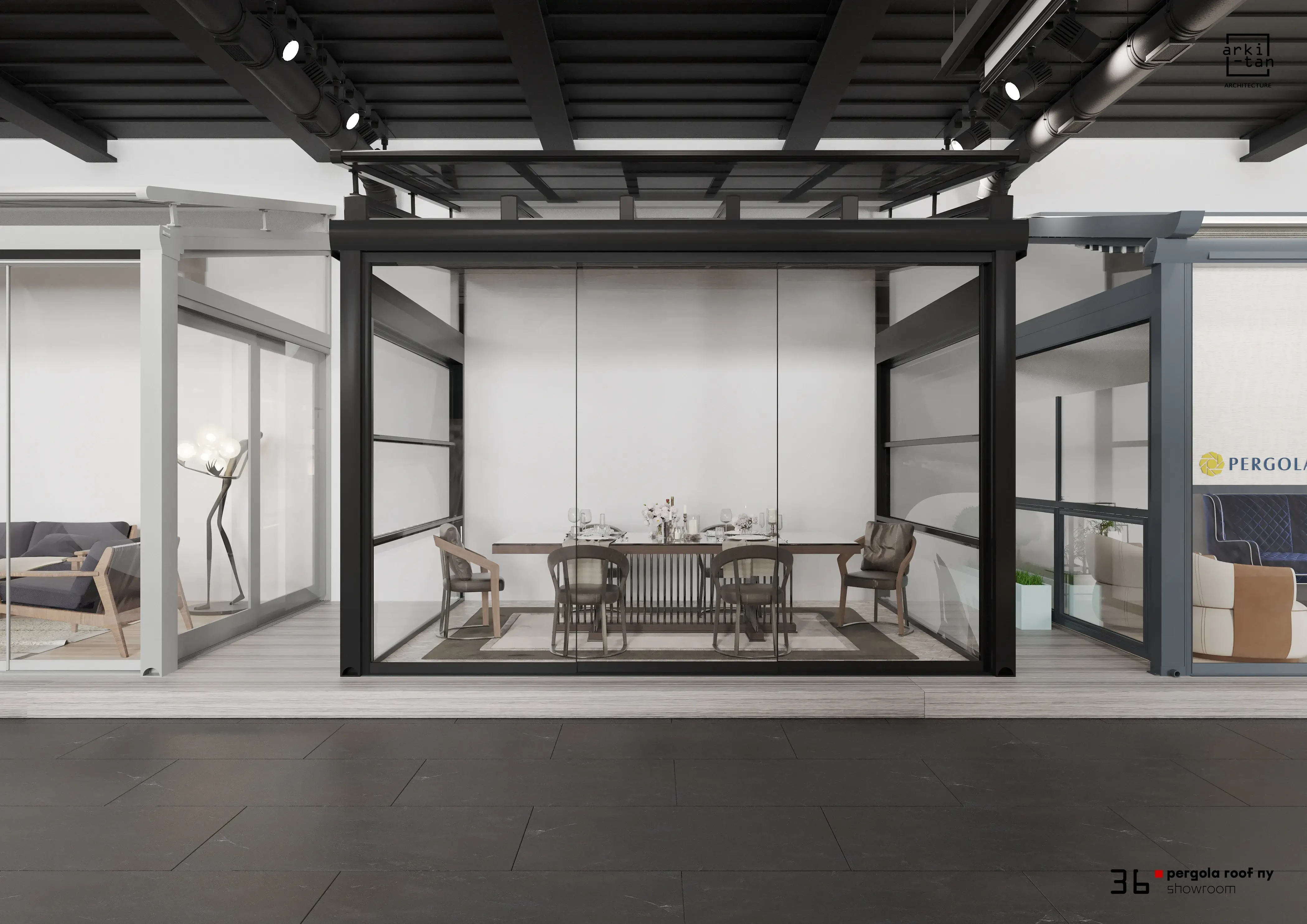 Pergola Roof Showroom, Custom Sunroom with guillotine windows